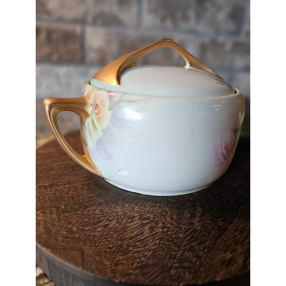 Vintage‎ Hand Painted Porcelain Sugar Bowl Pink Yellow Roses Gold Gilt Handles